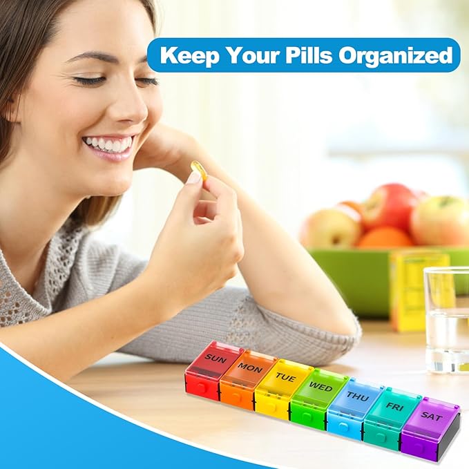 Push Button Weekly Pill Organizer, Medicine Pill Organizer with Label, Pill Box Case 7 Day, Pill Container for Vitamins, Fish Oil, Supplements Medication (Colorful)