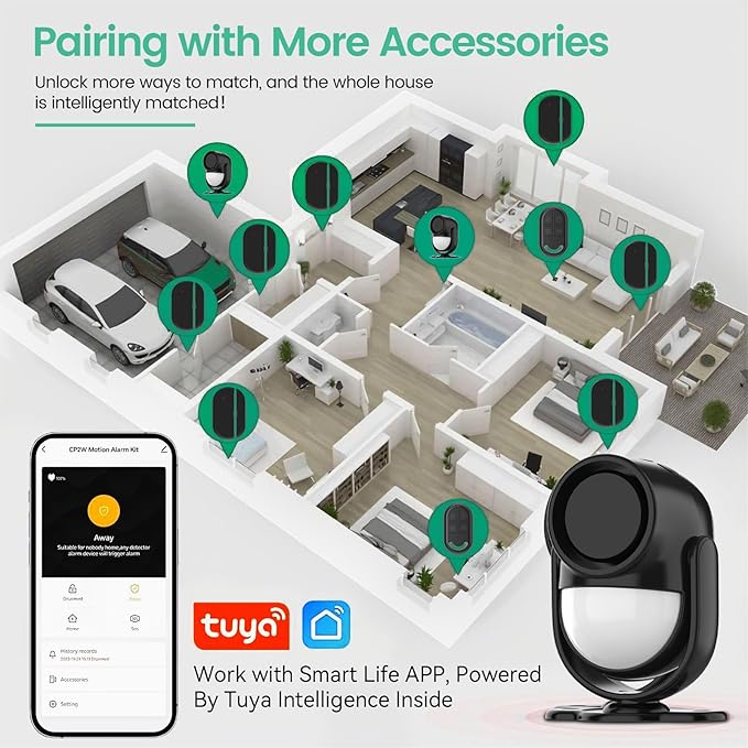Home Alarm System，2.4G WiFi PIR Motion Sensor Alarm, Wireless DIY Smart Door/Window Alarm for Home Security with Phone APP Alert 4-Piece Kit（2Door Window Sensor），for House Apartment Office,Black