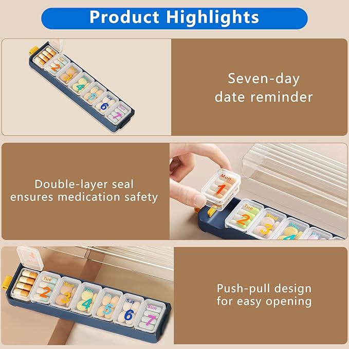 7 Day Pill Organizer, Large Capacity Weekly Pill Organizer, Pill Box Organizer with Separate compartments for Daily Medication Storage and Travel use (Blue)