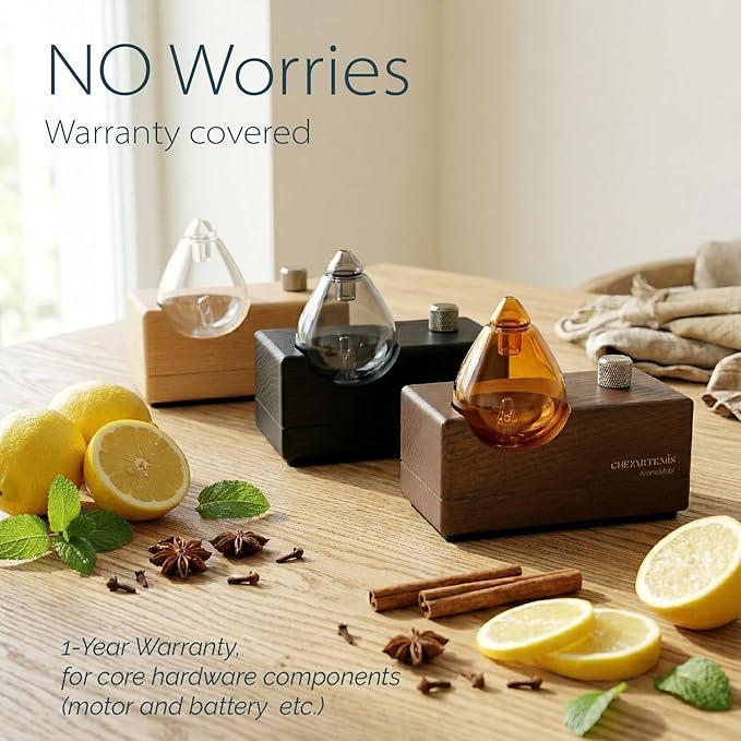Amber Premium Glass Essential Oil Diffuser with Handmade Wood Base for Aromatherapy, Retro Waterless Scent Diffuser with Cool Mist, Rechargeable & Wireless Oil Nebulizer with LED & Timer, 2026 Model