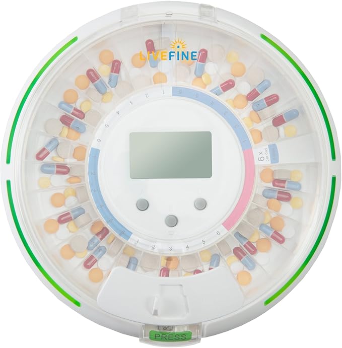 Live Fine Automatic Pill Dispenser with 28-Day Electronic Medication Organizer, 6 Dosage Templates, Easy-Read LCD Display, Sound & Light Alerts & Key for Prescriptions, Vitamins, Supplements & More