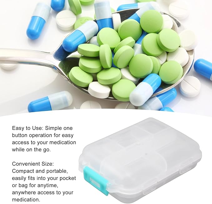 Travel Pill Organizer, Plastic 10 Compartments Pill Case Portable Pill Box Buckle Lock Weekly Portable Pill Holder Container for Purse (White)