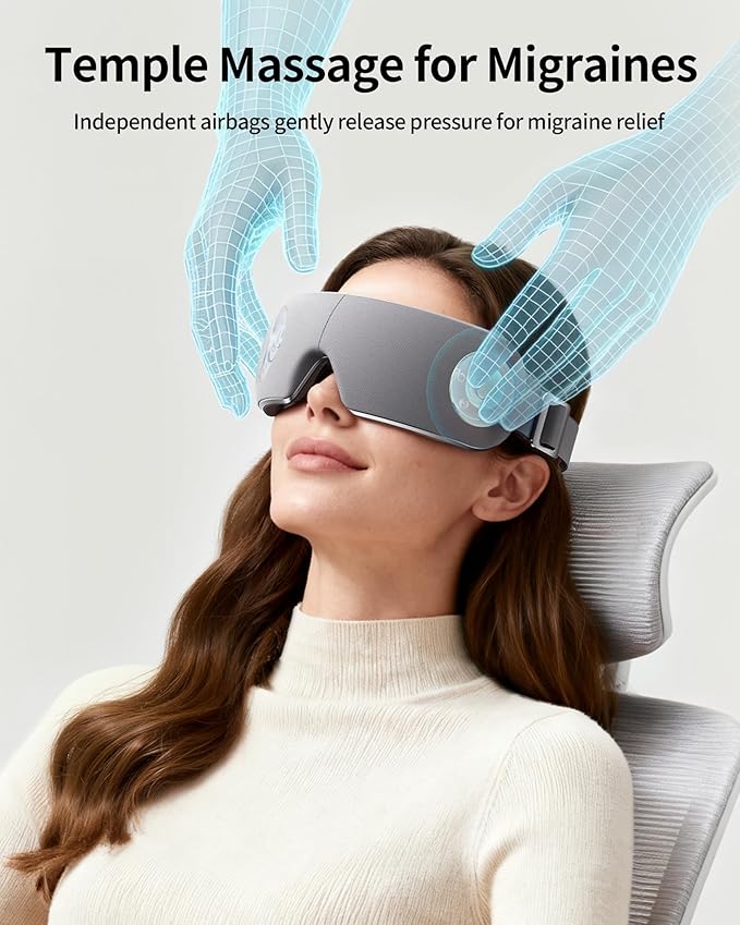 Eye Massager for Migraines with Temple Massage, Heat, Air Compression and Bluetooth Music Streaming, Foldable Electric Eye Mask for Migraine Relief, Eye Strain, Eye Care for Women and Men