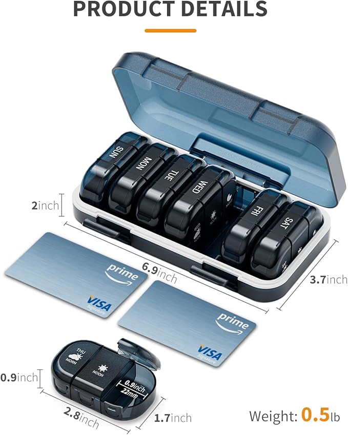 Weekly Pill Organizer 3 Times a Day, Large Pill Organizer 7 Days, Portable Pill Case 21 Days, Moisture Proof Large Pill Dispenser, Travel Pill Box for Vitamins Fish Oil Supplements (Blue)