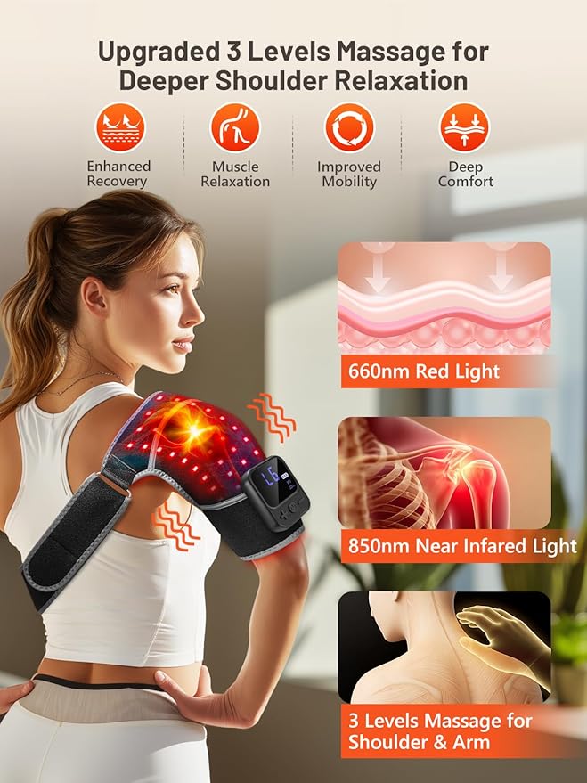 Cordless Red Light Therapy for Shoulder with Massage, 5000mAh Battery Portable Red Light Therapy for Shoulders & Joint Comfort Wearable Shoulders Massage Wrap