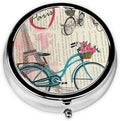 Eiffel Tower Bike Printed Round Travel Pill Box Cute Small Metal Pocket Pill Case for Men & Women 3 Compartment Portable Pill Organizer for Purse or Pocket