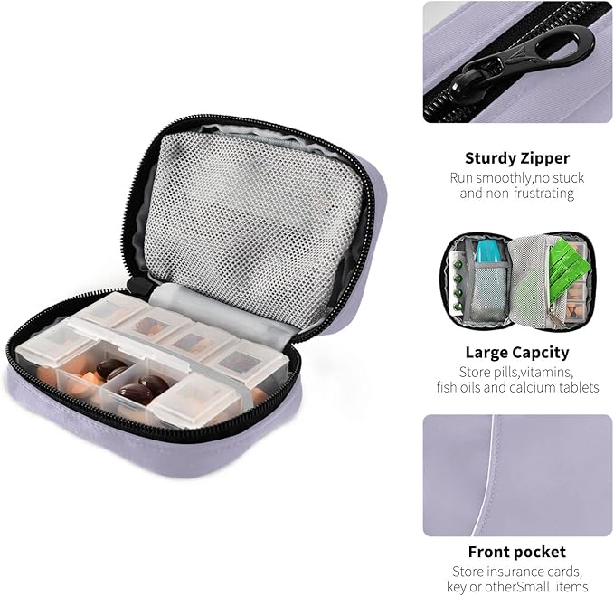 Naanle Pill Box 7 Day Case Travel Organizer Bag with Zipper Portable Weekly Compact Size for Vitamin Supplement Holder, Solid Color Lavender Purple, 4.6 x 3.14 1.88 Inch, 0.12 kilograms