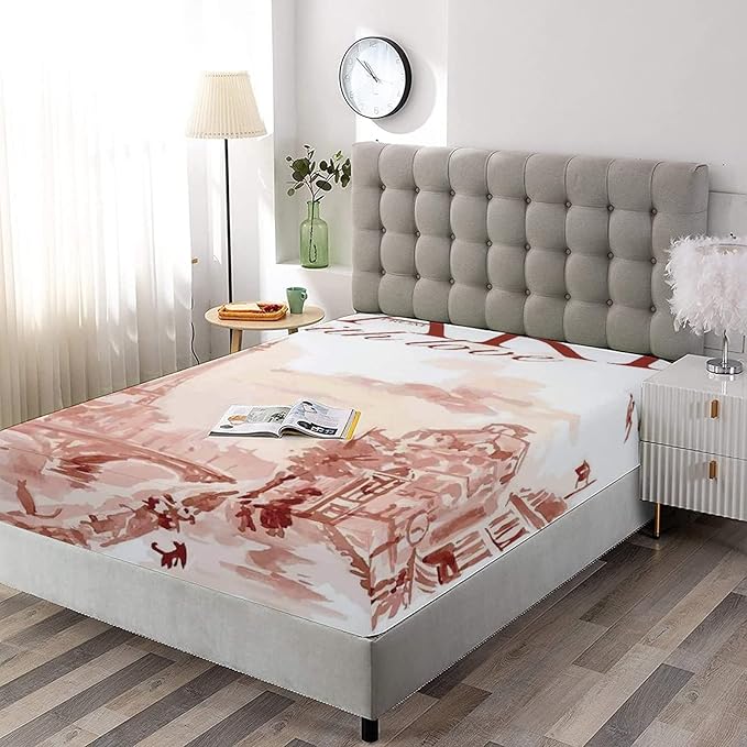 XISUNYA Decorative Bedding Sheet Set Cal-King Size, Paris Decor Deep Pockets Fitted Sheet & 2 Pillow Sham Set, Vintage Watercolor Paris Tour Eiffel and Old Streets Print 3pc Bed Sheets Set