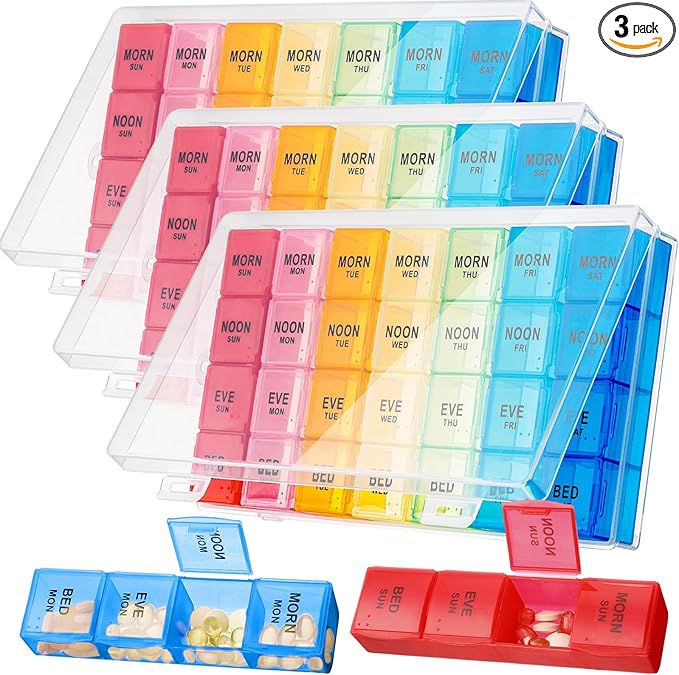 Dandat 3 Pack 10.2 inch Weekly Pill Organizer 4 Times a Day Pill Organizer 4 Times a Day Large Medicine Box Travel Daily Cases Holder 28 Days Dispenser for Hold Medicine Vitamins/Fish Oils