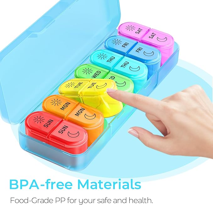 Weekly Pill Organizer 2 Times a Day - AM PM Pill Organizer with 7 Daily Color-Coded Small Cases, Morning and Night Travel Pill Cases for Vitamins, Medicine, & Supplements