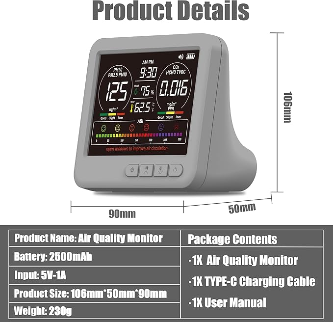 Professional Indoor Air Quality Monitor with AQI Alerts, Portable Real-Time Detector for Home, Car, Plants & Pets