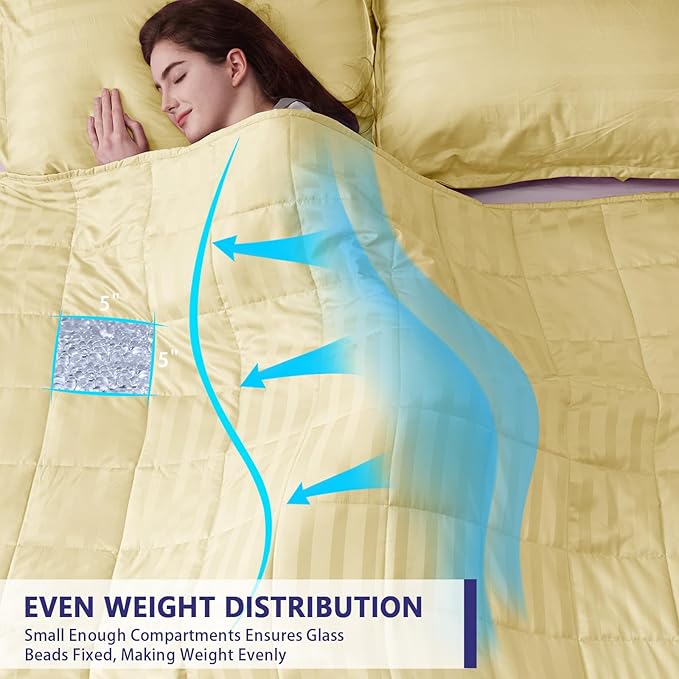 yescool King Size Weighted Blanket for Adults (25 lbs, 80” x 87”, Mustard Yellow Stripes) Heavy Blanket for Sleeping Perfect for 240-260 lbs, Breathable Blanket for Adults & Couple All Season