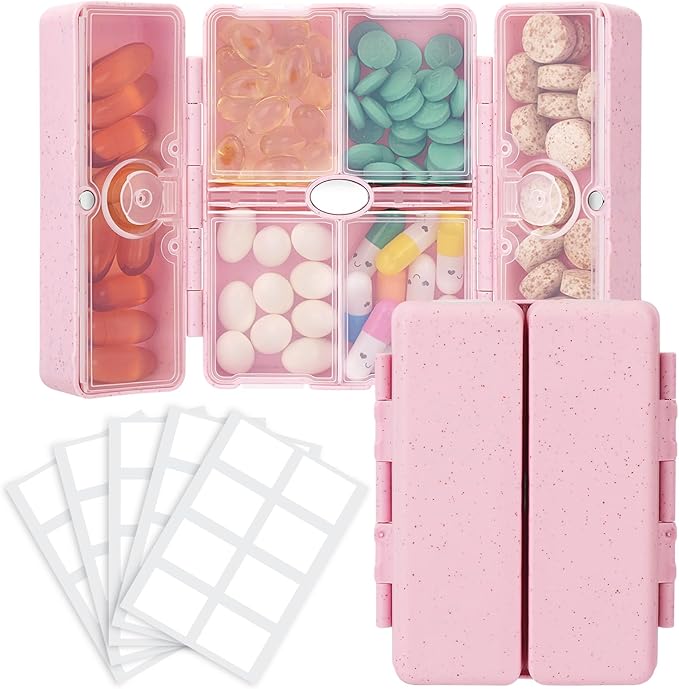 FYY Travel Pill Organizer with Blank Lables,6 Compartments Magnetic Pill Organizer Pill Box for Purse Pocket to Hold Vitamins,Cod Liver Oil,Supplements and Medication-Pink