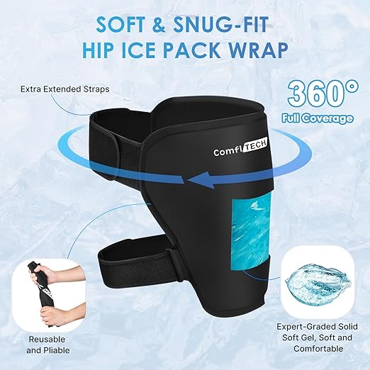 Comfitech XL Hip Ice Pack Wrap Reusable Cold Application Brace with Extra Large Gel Pad & Extended Straps for Total Hip Replacement, Thigh, Shoulder, Back