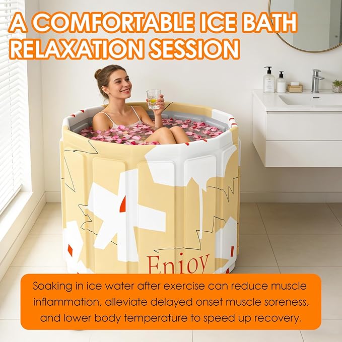 Portable Bathtub for Adult, Foldable Soaking Bathtub for Hot SPA&Ice Bath, Foldable Small Bathtub collapsible bathtub for Bathing, 6-layer Insulated portable tub,Space-Saving (yellow 25.9X31.5IN)