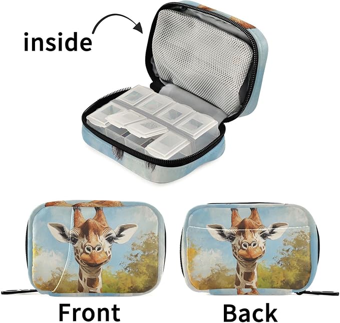 Fustylead Cute Grinsende Giraffe Oil Painting Travel Pill Case Bag with Zipper Weekly Pill Box 8 Compartments 7 Day Personal Pill Case Purse Medicine Case Organizer