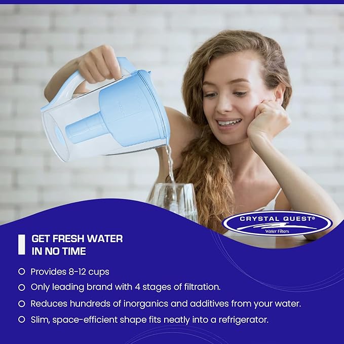 Crystal Quest Water Filter Pitcher - 12-Cup Capacity, Includes 1 Long-Life Filter, BPA Free, Meets NSF Standard 42 - Filters up to 2,000 Gallons – Alkalizing/Blue
