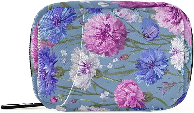 Pink Purple Cornflower Travel Pill Organizer Case Box Container Weekly Portable Vitamin Medicine Holder Storage Bag with Zipper Removable