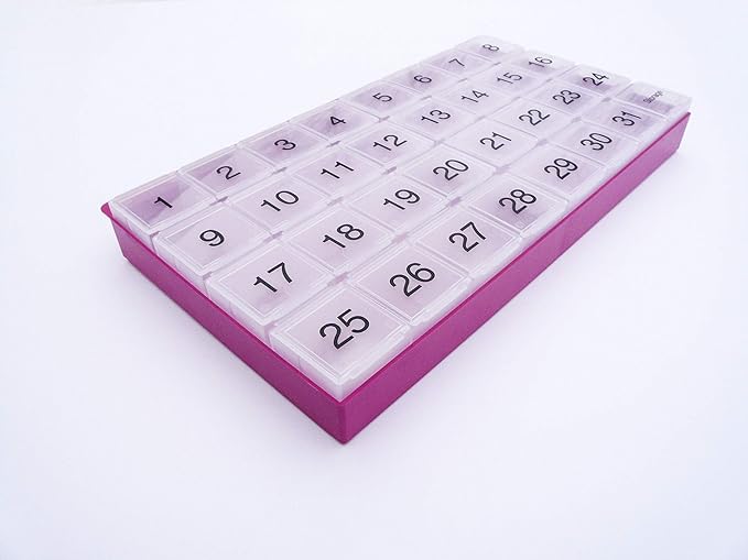 31 Day Pill Organizer | 1 per Day, 4 Week, 31 Compartments + Storage Monthly Pill Organizer | Includes Tray and 8 Removable compartments