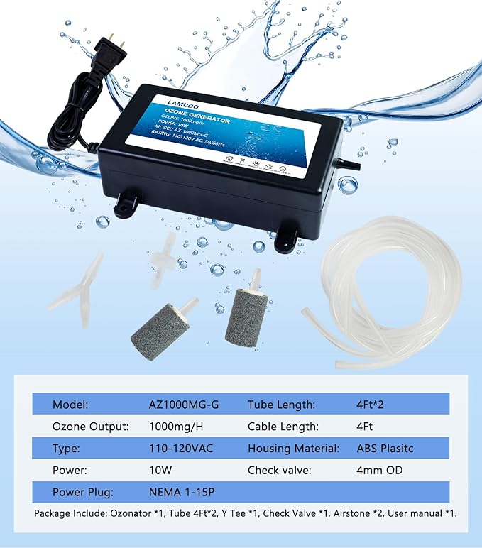 Ozone Generator with Air Stones for Cold Plunge and Hot Tubs, 1000mg/h Portable SPA Ozonator, High Output Multipurpose Ozone Machine(Include Check Valve and Y-Tee)