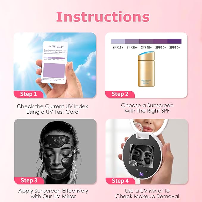 UV Camera for Sunscreen Test UV Mirror Sunscreen Camera, 3.8 Inch Rechargeable 2X Magnifying Vanity Mirror with Light Handheld Double-Sided Pocket Mirror for Skin Protection(White)
