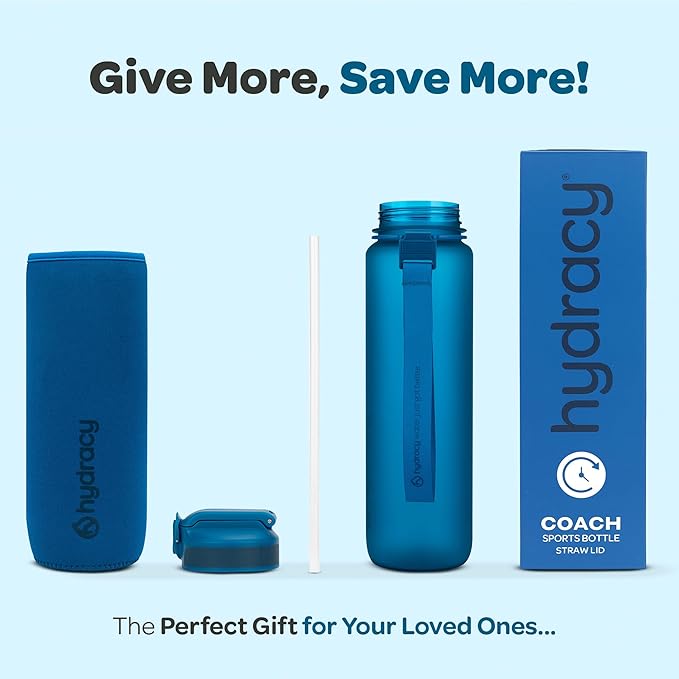 Hydracy Water Bottle with Time Marker -Large BPA Free Water Bottle & No Sweat Sleeve -Leak Proof Gym Bottle with Fruit Infuser Strainer & Times to Drink -Ideal for Fitness Sports & Outdoors