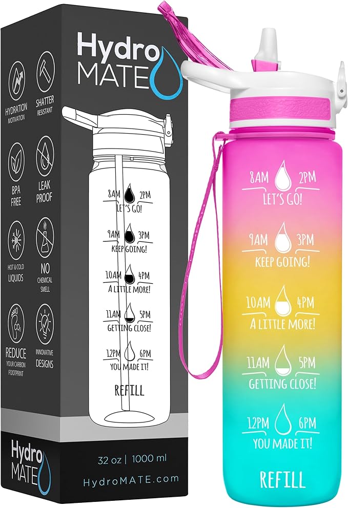 NatureWorks HydroMATE 32 oz Water Bottle with Time Markings Hourly BPA Free Reusable Leak Proof with Straw and Carrying Sleeve 1 Liter