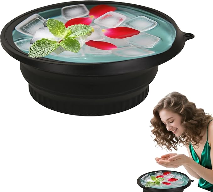 Silicone Face Bowl for Ice with Built-in Icetray, Collapsible Face Ice Bath Bowls for Home&Travel Ice Water Facials, Ice Face Bowls for Cold Plunge Therapy, Skin Tightening (M-Black)