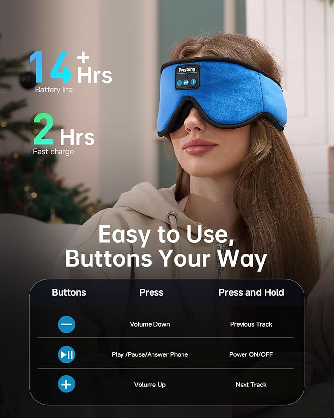 Sleep Mask with Bluetooth 5.4 Headphones, Wireless Music Sleep Eye Mask for Side Sleepers, 3D Contoured Comfort & Built-in HD Stereo Earphones, Blackout for Travel (Bright Blue)