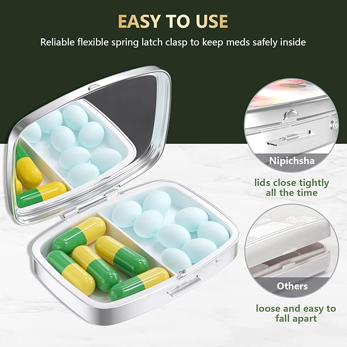Nipichsha Pill Box, Small Pill Case for Purse & Pocket, Cute Travel Medicine Organizer, Portable Medicine Container Holder to Hold Vitamins, Medication, Fish Oil & Supplement, Watercolor Flowers