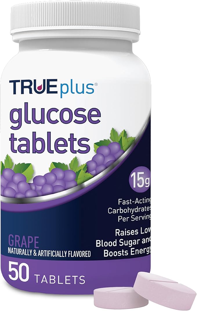 TRUEplus Glucose Tablets, Chewable, Grape Flavor, 15g Fast-Acting Carbohydrates, Fat Free, Gluten Free, Raise Low Blood Sugar and Boost Energy, 50 Count