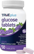 TRUEplus Glucose Tablets, Chewable, Grape Flavor, 15g Fast-Acting Carbohydrates, Fat Free, Gluten Free, Raise Low Blood Sugar and Boost Energy, 50 Count