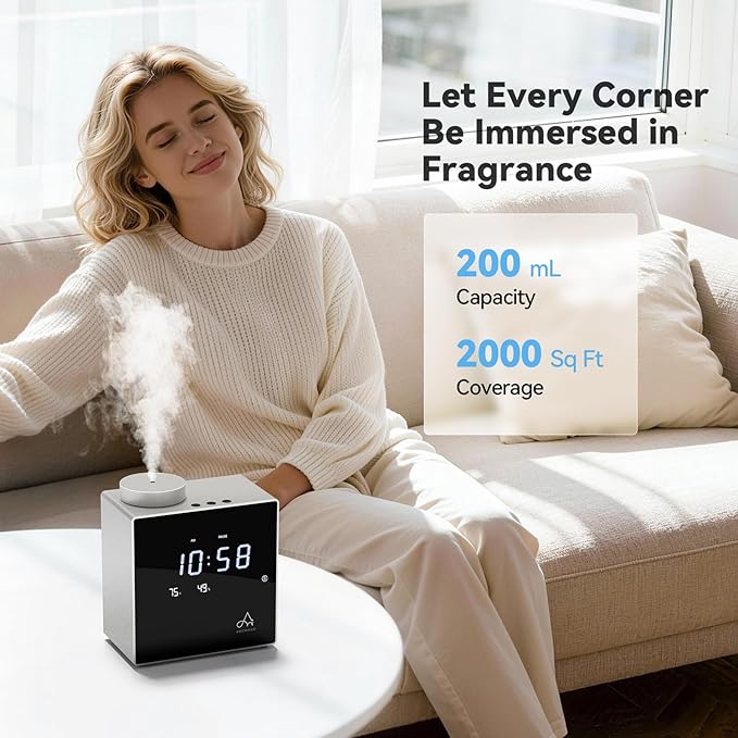 2026 Smart Waterless Diffuser, 2000 Sq.Ft Cold Air Scent Machine with Clock & Environmental Display | 7 Fragrance Levels, 9 Timer Settings, Hotel Collection Diffuser for Home & Large Rooms (Silver)