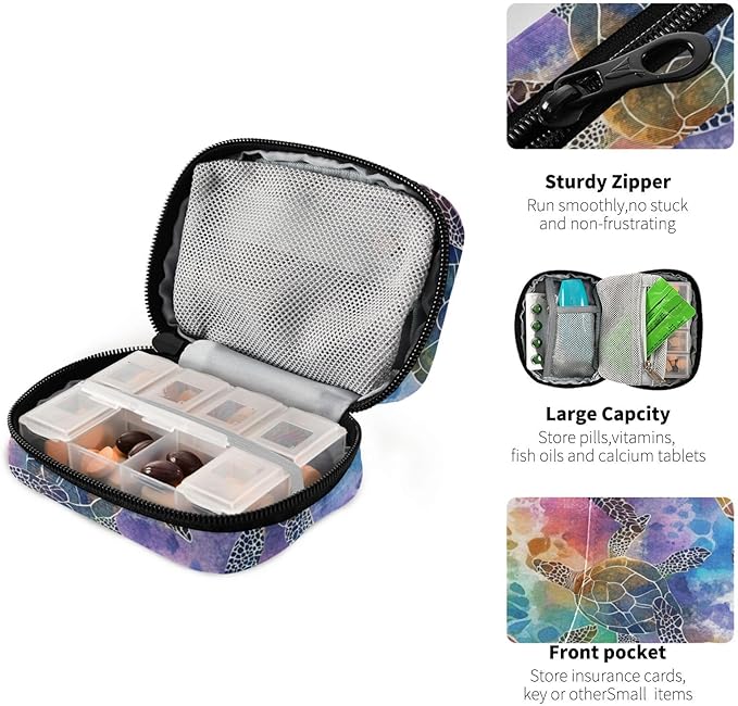 Colorful Watercolor Sea Turtles Cute Pill Organizer Weekly Travel Pill Box 7 Day Large Capacity Pill Dispenser Case with 8 Pill Container Daily Pill Box Organizer Vitamin Holder Pill Bottle Or