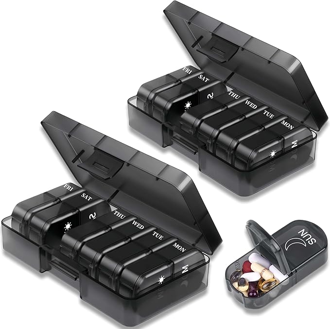 2 Pack Weekly Pill Boxes and Organizer 2 Times a Day, Travel Essentials 2 Week 14 Day Morning and Night Pill Dispenser, Black Large Daily Am Pm Pill Organizer 7 Day for Vitamin