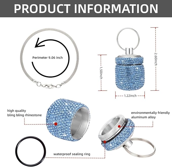 Bling Rhinestone Pill Bottle Organizer Daily Travel Pill Case Container Ring Holder Small Medicine Holder Box for Vitamin Supplement Gum with Keychain(Light Blue)