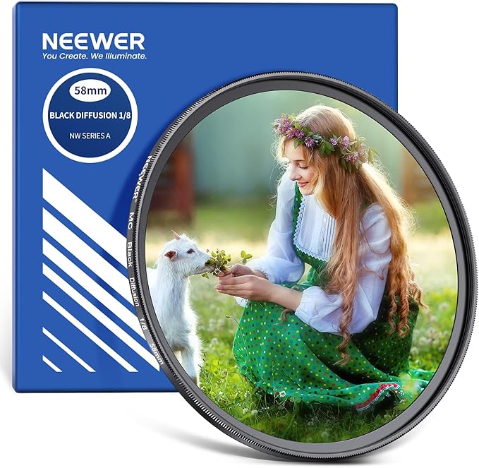 NEEWER 58mm Black Diffusion 1/8 Filter Soft Dreamy Cinematic Effect Filter Ultra Slim Water Repellent Scratch Resistant Optical Glass, Multi Nano Coatings for Video/Vlog/Portrait Photography