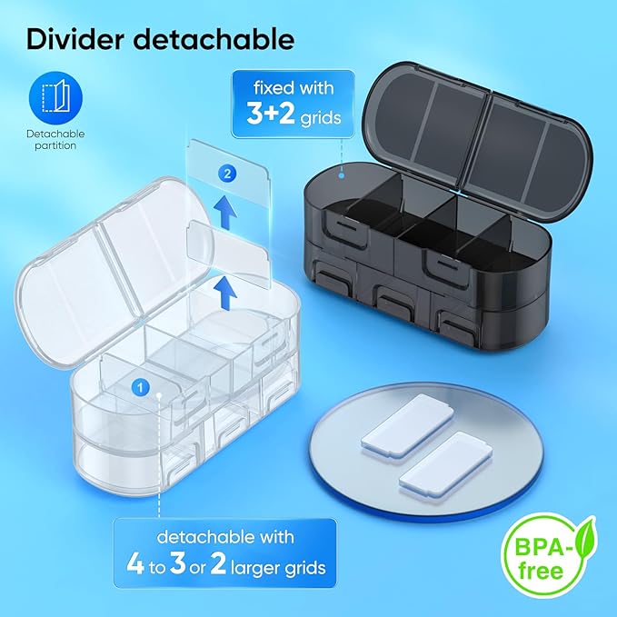 Weekly Pill Organizer, 2/3/4 Times a Day, Double-Sided Opening Design, Portable Pill Box for Storing Medication/Vitamins/Fish Oils/Supplements (Variable Grids White Black 2PC)