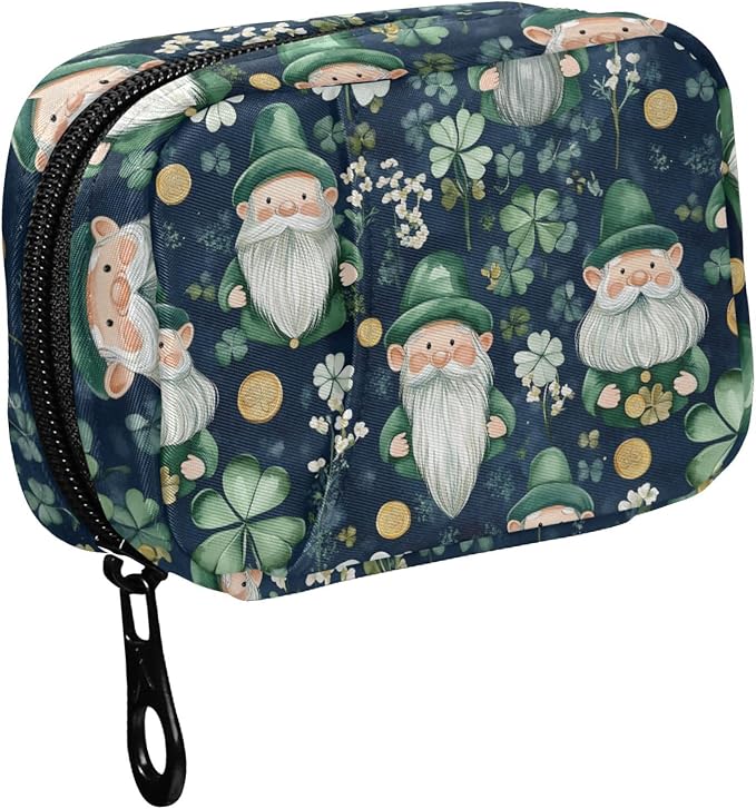 Fustylead St. Patrick's Cute Gnome and Gold Coin Travel Pill Organizer Bag with Zipper Small Pill Box 7 Day Pill Case for Purse Storage Weekly Vitamin Medicine Supplement