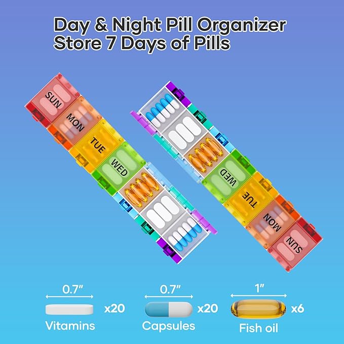Weekly Pill Organizer, 7 Day Pill Box Case BPA-Free, Medicine Pill Organizer with Innovative Push Button Design, Large Pill Container for Vitamins, Cod Liver Oil, Supplements and Medication