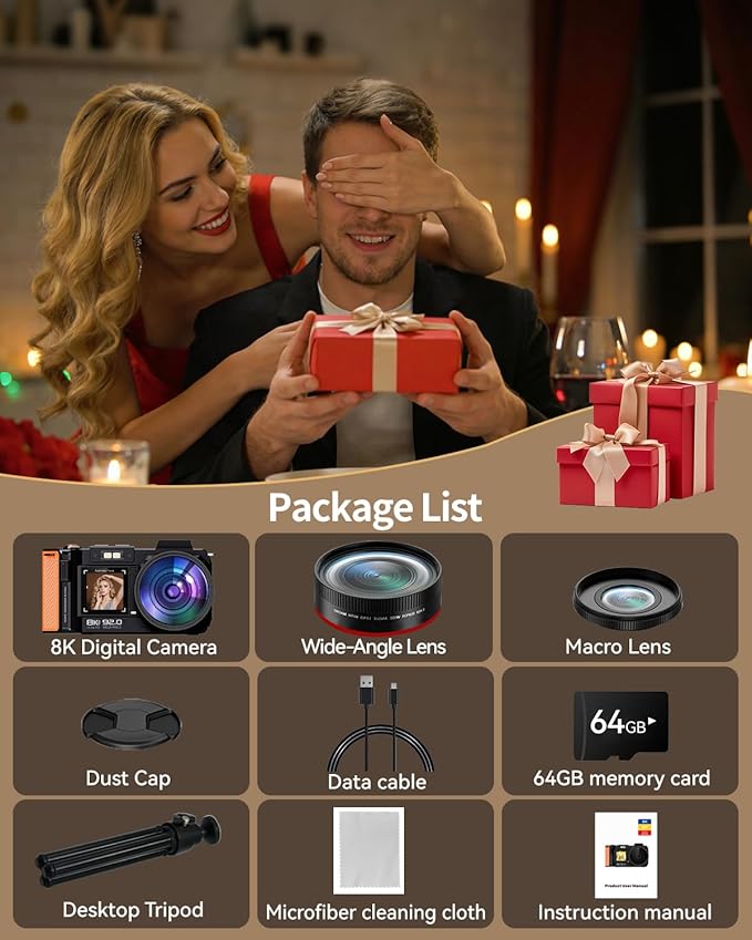 8K Digital Camera for Photography, 92MP WiFi Vlogging Camera for Front and Rear Screen, 18X Digital Zoom, Point and Shoot Camera for YouTube with 64GB SD Card (8K Black)