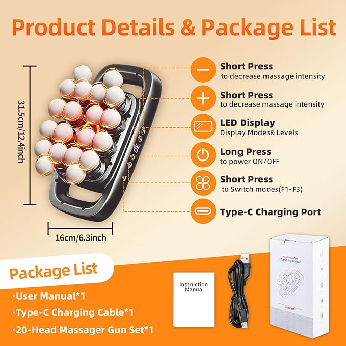 2026 Upgrade 20-Head Massage Gun Set, Deep Tissue Percussion Muscle Massager with 3 Modes & 30 Intensitie, Quiet Handheld Muscle Massager for Back, Shoulders, Legs, Head, Foot & Body Pain Relief