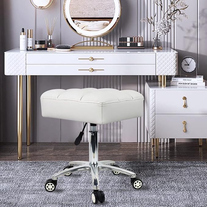 Rolling Stools Square Seat Thick PU Leather 360° Swivel Stool with Wheels Hydraulic Lift Height Adjustable Stool Chair for Home Kitchen Drafting Lab Office Salon Massage Stool（White）