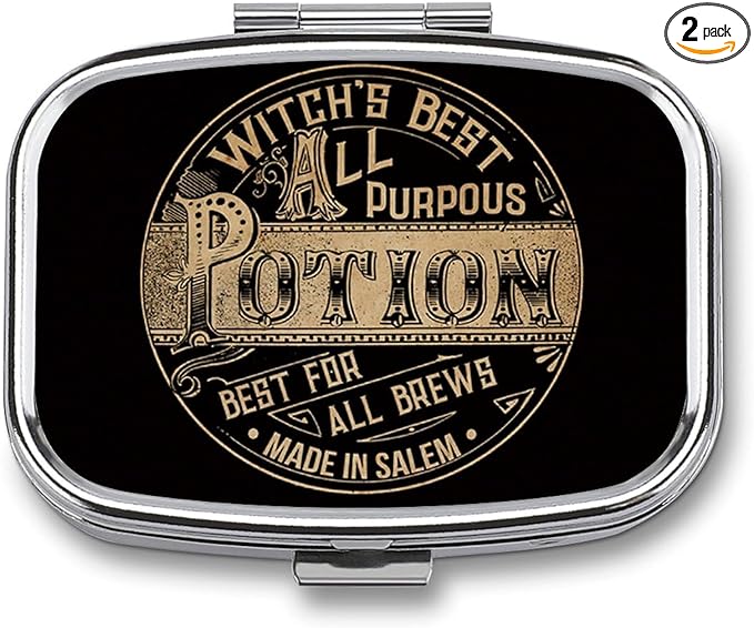 Metal 2 Compartment Pill Organizer Travel Friendly Portable Compact Pill Box Cute Pill Case,for Pocket Wallets Daily Portable Medicine Vitamin Tablet Storage (Potion)