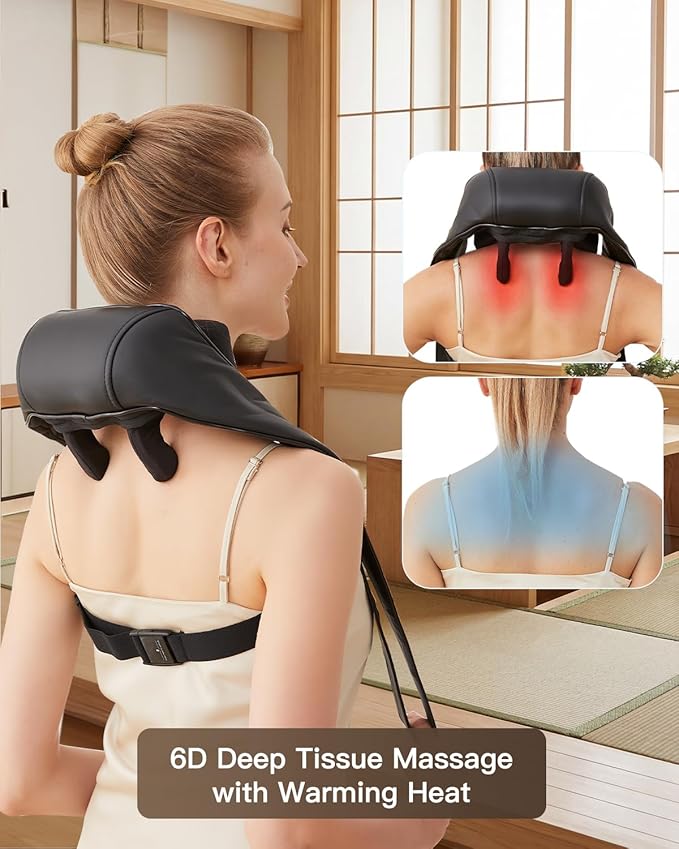 Neck & Shoulder Massager with Heat, 6D Deep Tissue Shiatsu Kneading for Neck, Shoulders & Upper Back, Hands-Free Relief After Work