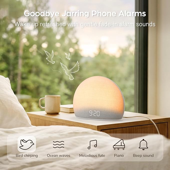HOUSBAY Sunrise Alarm Clock with White Noise Sound Machine – Wake-Up Light for Bedroom, 5 Gentle Alarm Sounds, 20 Soothing Sleep Sounds, Dimmable Display, Phone-Free Bedside Clock