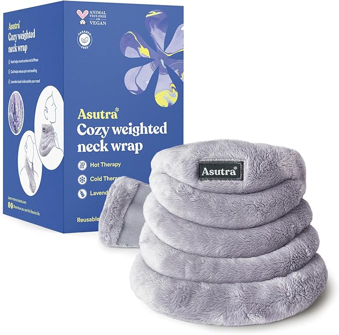 ASUTRA Weighted Neck Wrap, Plush Gray, Microwaveable Heating Pad for Neck and Shoulders, Hot and Cold Compress, Lavender Aromatherapy