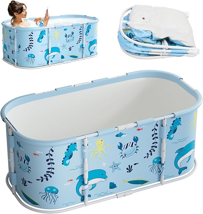Portable Foldable Bathtub for Adult, 47" Folding Tub, Soaking Bathtub for Hot Bath and Ice Bath, Freestanding Surround Collapsible Bathtubs, Reinforced Bracket, Large Capacity (Light Blue)
