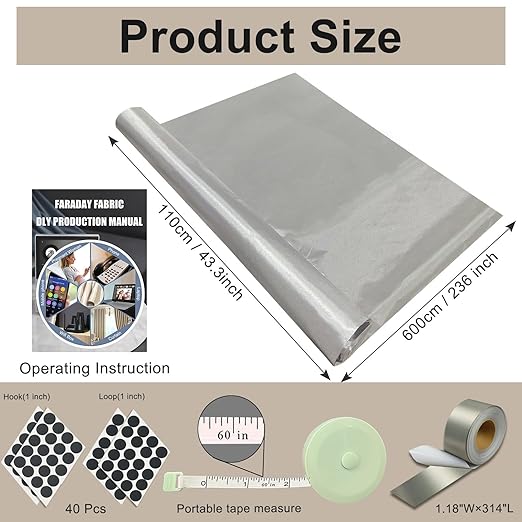Faraday Fabric 43" W×236" L(Big 6 Yards)+1.18" W×314" L Faraday Tape, Faraday Military Grade Conductive Material