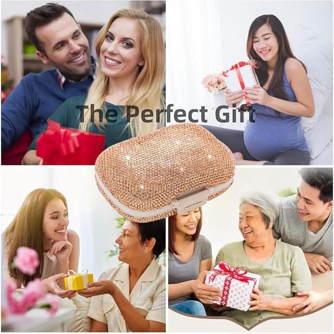 Daily 6 Compartments Pill Box Container Bling Diamond for Purse Medicine Container Holder for Women Travel Kit Medicine (Honey Peach)